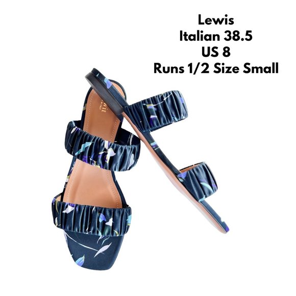 Nordstrom Lewit Elena Ruched Satin Flat Slide Sandal Navy Floral EU 38.5 US 8 - Picture 1 of 10